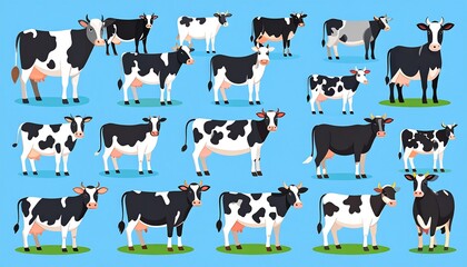 A collection of various stylized black and white cows, set against a vibrant light-blue background, showcasing diverse poses and expressions.