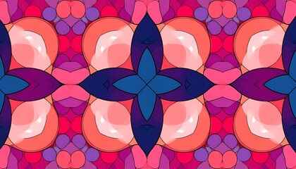 A vibrant, symmetrical pattern showcases a repeating design of  geometric shapes with a mix of deep pink, coral orange, and rich purple hues.