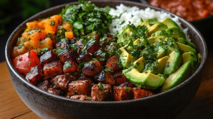 色とりどりの食材が詰まったボウル料理 アボカド 野菜 葉物 肉 ご飯 グルメ