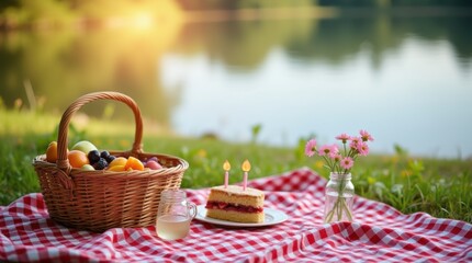Sunny lakeside picnic with checkered blanket, wicker basket, fruit, small cake, flowers, calm reflective water.

