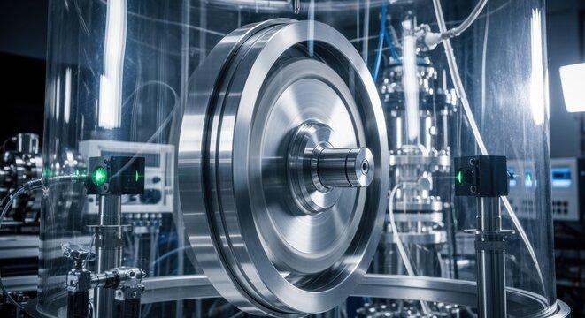 Highinertia flywheel rotor spinning inside a vacuum chamber test rig to reduce friction and optimize energy storage.