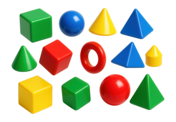 Colorful geometric shapes and toys for early childhood learning.