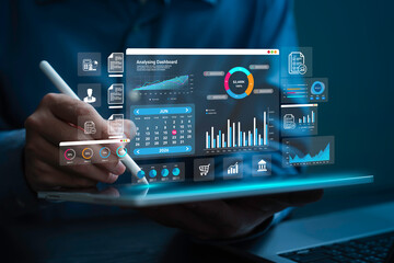Dashboard finance management on laptop computer analyzing sales data and growth graph chart report. Data analysis, Financial Accounting, Market research to Business planning, strategy and development