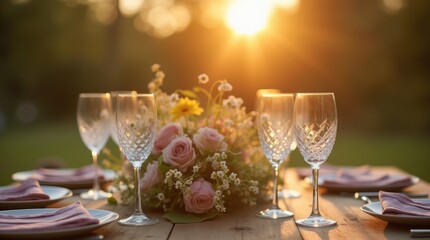 Sunlit garden table with crystal wine glasses, wildflowers, rustic wood, golden hour relaxed chic vibe.
