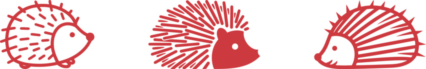 Set of cute and minimalistic hedgehog icons, featuring different styles of line art and silhouette designs on a white background.