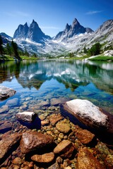 Scenic lake reflects Ritter Range, California