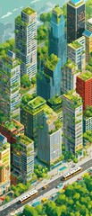 Obraz premium Isometric view of a futuristic green city with skyscrapers covered in lush gardens, showcasing sustainable urban living and clean energy.