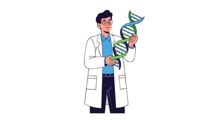 Male scientist in a white lab coat holding and examining a DNA double helix model.