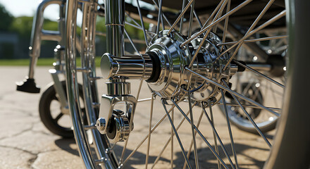 Fototapeta premium Close-up view of a shiny chrome wheelchair wheel with spokes and a caster, highlighting mobility equipment details outdoors on pavement.