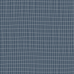Seamless navy blue organic lines windowpane mesh background. Dense grid weave backdrop with imperfect lines. Hand drawn minimalist geometric repeat. For web, packaging, stationery.