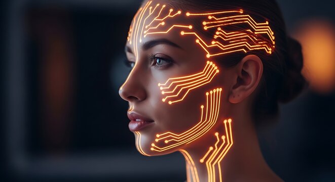 Stunning woman's face illuminated by futuristic glowing orange circuit board patterns, symbolizing AI and technology integration.