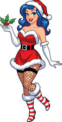 Sexy cartoon woman in Santa costume holding mistletoe, pin-up style Christmas character, festive red outfit illustration for holiday and seasonal vector content
