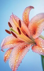 Fototapeta premium オレンジとピンク色のユリの花水滴と青色の背景にマクロ撮影