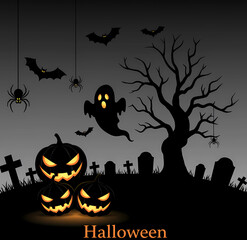 spooky Halloween illustration featuring glowing pumpkins, a ghost, bats, spiders, gravestones, and a haunted tree in a creepy graveyard
