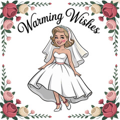 Smiling cartoon bride in short wedding dress, floral frame with warming wishes text, romantic vector illustration for greeting cards, wedding invitations
