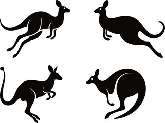 Set of kangaroo silhouette illustrations in different dynamic poses. Ideal for logos, icons, or travel designs.