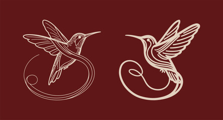 Elegant vector illustration of two hummingbirds in a decorative, line art style. Ideal for logo or t-shirt design. © cheng