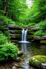 Obraz premium Small waterfall in lush green forest
