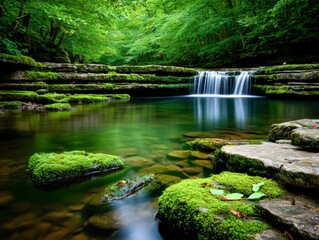 Fototapeta premium Waterfall flows into a calm pool