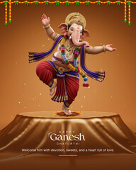 Ganesh Chaturthi Festival Image with Chocolate background with standing Ganesh ji photo, Ganpati Ji stock image, Happy Ganesh Chaturthi Greetings vector image