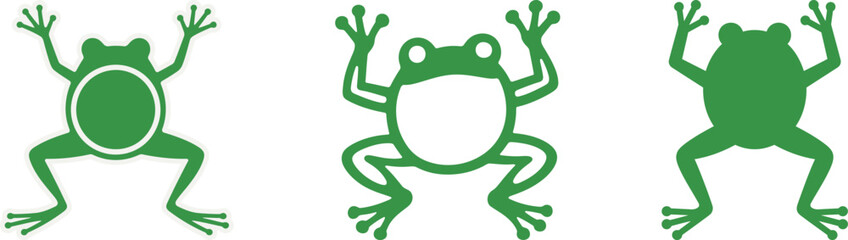 Set of three simple frog silhouette illustrations in a bright green color. A versatile graphic resource for nature or animal themes.