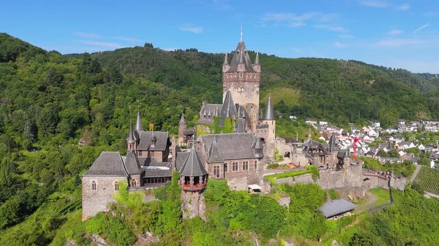 Cochem imperial castle, hilltop landmark on mountain, Moselle Valley, aerial view mosel river, Germany, middle age gothic monument, history 