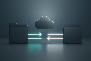 Cloud Data Exchange: A minimalist visual that illustrates data exchange between two folders and cloud, with neon arrow representing data flow. Reflecting a digital abstract concept of data.