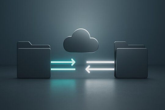 Cloud Data Exchange: A minimalist visual that illustrates data exchange between two folders and cloud, with neon arrow representing data flow. Reflecting a digital abstract concept of data.