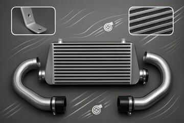Aluminum Turbo Intercooler with Piping, Mounting Brackets, and Core Fins on Metallic Gray Background with Airflow Accents