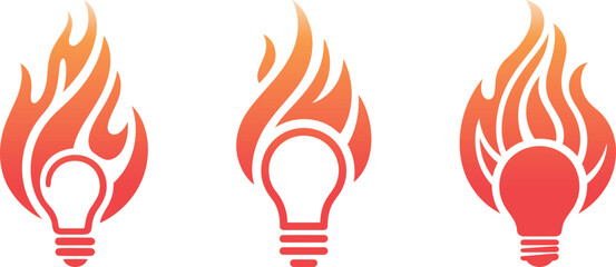 Set of three light bulb icons with flames, representing a fiery idea or creative spark.