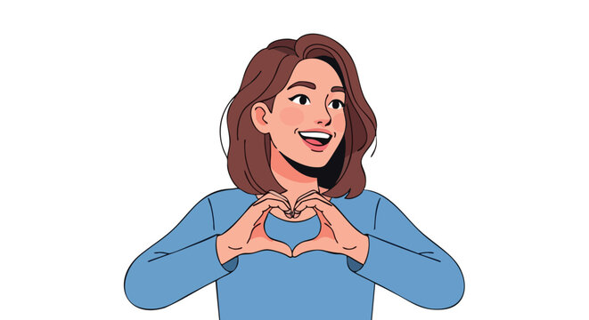 Smiling young woman with brown hair making a heart gesture with her hands.