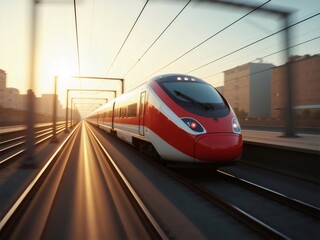 Naklejka premium 高速鉄道が夕焼け空の下を疾走 赤と白の車体が光る都市風景