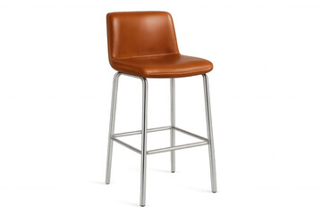 Obraz premium Studio shot of a contemporary bar stool featuring brown leather upholstery and sleek chrome legs, isolated on a transparent background