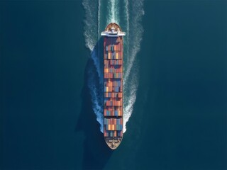 真上から見た青い海を進む貨物船 カラフルなコンテナ積載 航海 輸送のイメージ