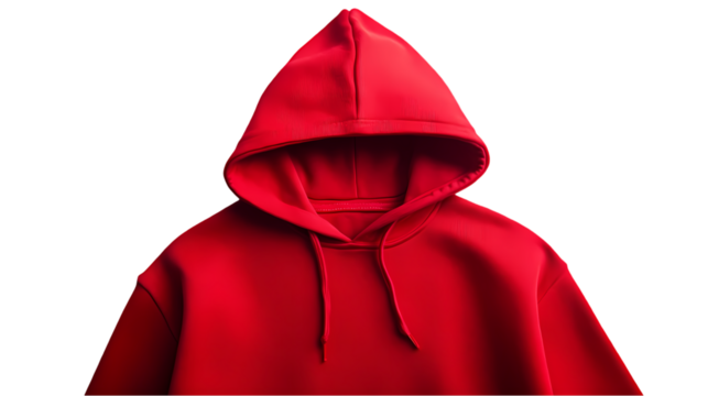 Red color Hoodie is Displayed isolated on transparent background