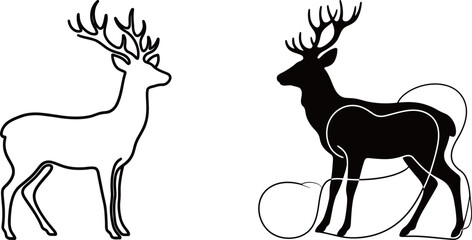 Two stylized deer illustrations, one in a black outline and one in a solid silhouette. Represents a majestic forest animal.