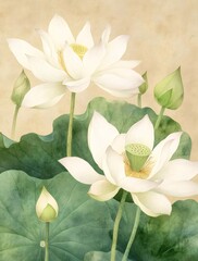 白い蓮の花が咲く水彩画 葉と背景の植物の静けさの自然美