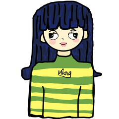 blue hair girl in yellow shirt