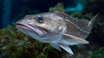 Fototapeta premium Close-up of a whole live cod fish underwater showcasing shiny scales.