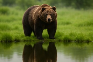 Fototapeta premium Brown Bear Standing at Water’s Edge with Reflection in Lush Green Forest