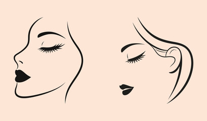 Two minimalist line art illustrations of a woman's face in profile and from a different angle, ideal for beauty, cosmetics, or wellness.