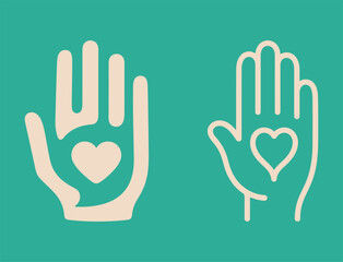 A set of two hand icons with a heart symbol in the palm, representing love, care, compassion, and charity.