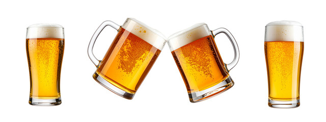 Tall Pint of Golden Lager with Frothy Head, Front View, Transparent PNG Beer Pouring into Mug with Overflowing Foam, Action Scene, Transparent Background