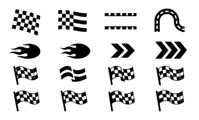 Racing icons set: flags, flames, and arrows in bold black silhouette design
