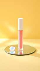 Lip gloss product minimal in shimmering coral and pale yellow colors representing beauty shine and modern cosmetic elegance with reflective mirror styling and iridescent accent, copy space