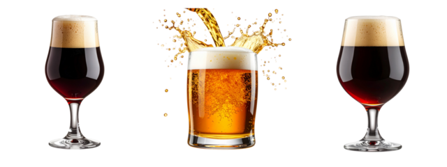 Beer Pouring into Mug with Overflowing Foam, Action Scene, Transparent Dark Stout Beer in Curved Glass with Minimal Foam, Side Angle, Transparent PNG 