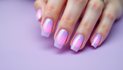 Ombre manicure beauty macro in minimal style with light purple to soft pink gradient on squared nails in pale lilac colors representing elegant nail art trend and salon inspiration for fashion