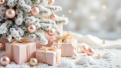 Pink Christmas gifts and flocked tree in blush and rose gold colors representing elegant holiday decor and romantic celebration with snow dusting for seasonal marketing, soft focus luxury