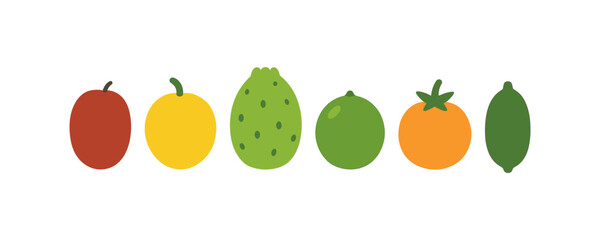 Colorful fruit icons in flat design: tomato, lemon, prickly pear, lime, orange, and lime