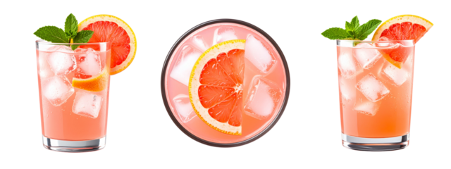 Top-Down View of Pink Grapefruit Lemonade in Highball Glass, Transparent Tall Iced Pink Lemonade with Grapefruit Slice and Mint, Front View, Transparent PNG 